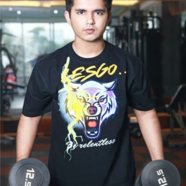 Be Relentless Three Thunder Wolf Black oversized Lifestyle & Gym wear Tshirt